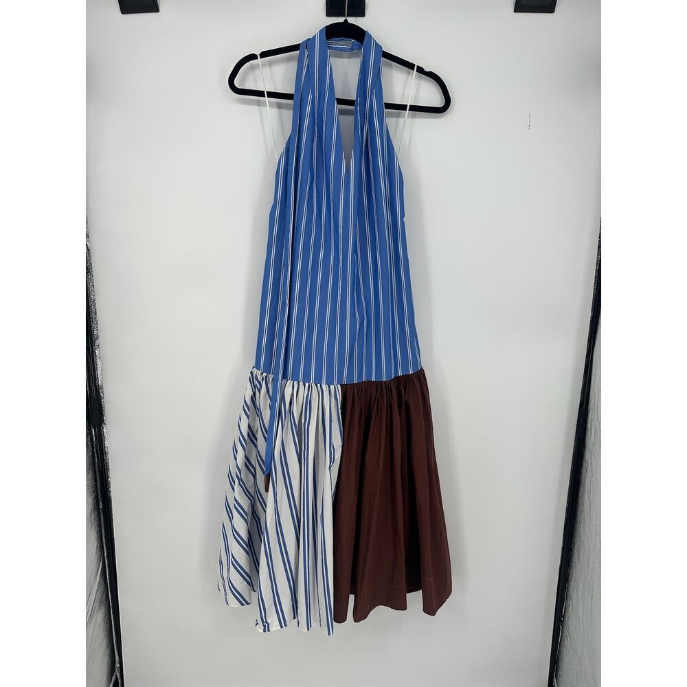 Tibi Blue and White Striped Halter Midi Dress with Brown Panel - Picture 2 of 8